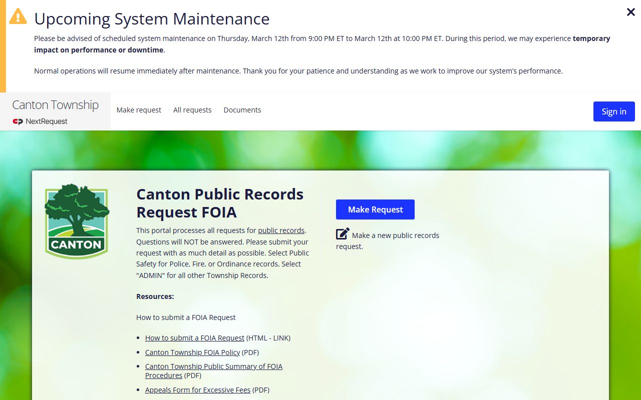 Canton Township Police Department online FOIA portal for police records requests