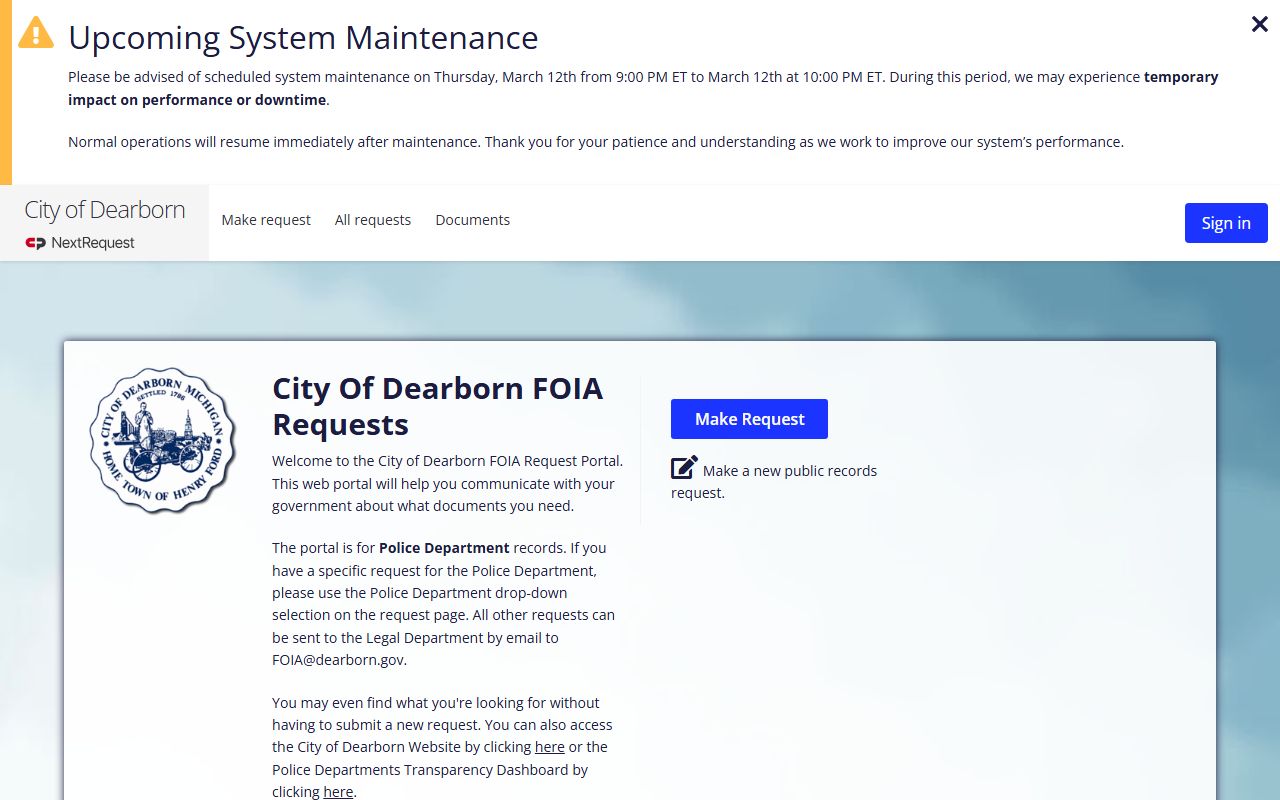 Dearborn Police Department online FOIA portal for police records requests