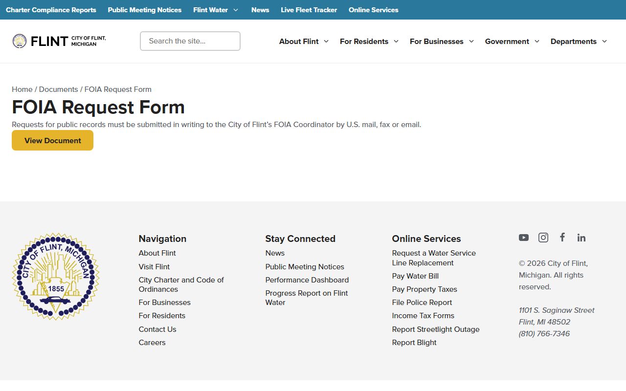 City of Flint FOIA request form for police records