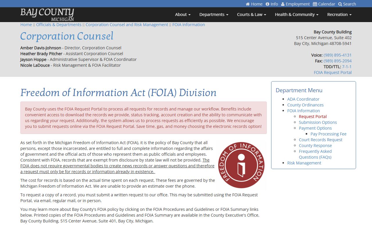 Bay County FOIA information page for public records requests