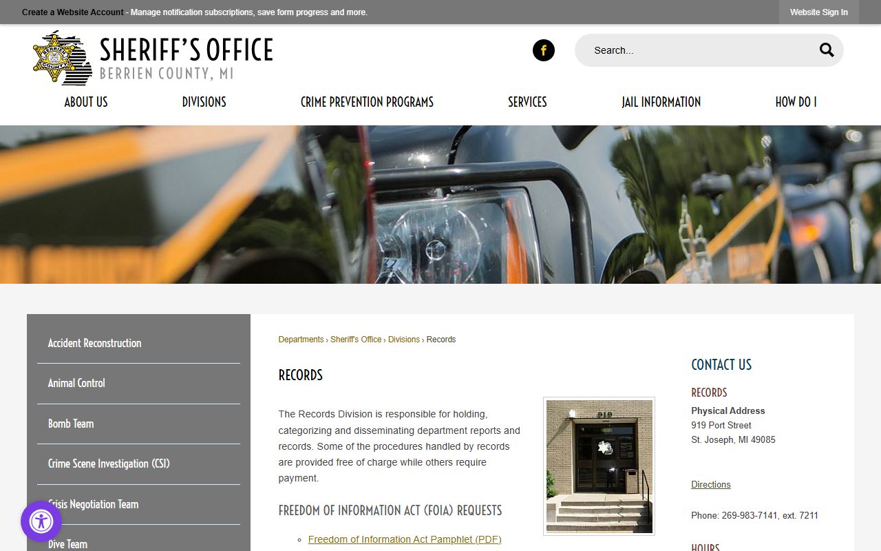 Berrien County Sheriff's Office website for police records and records division contact