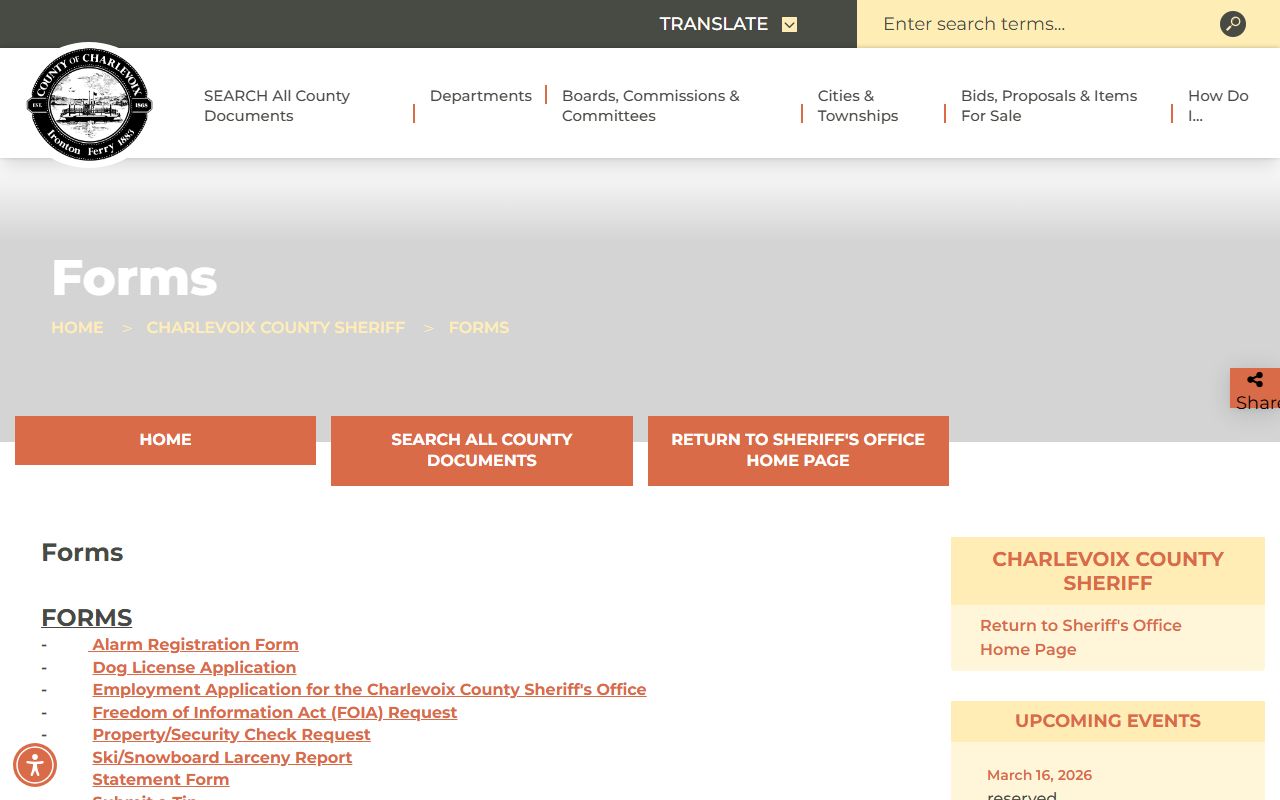 Charlevoix County Sheriff FOIA forms page for requesting police records