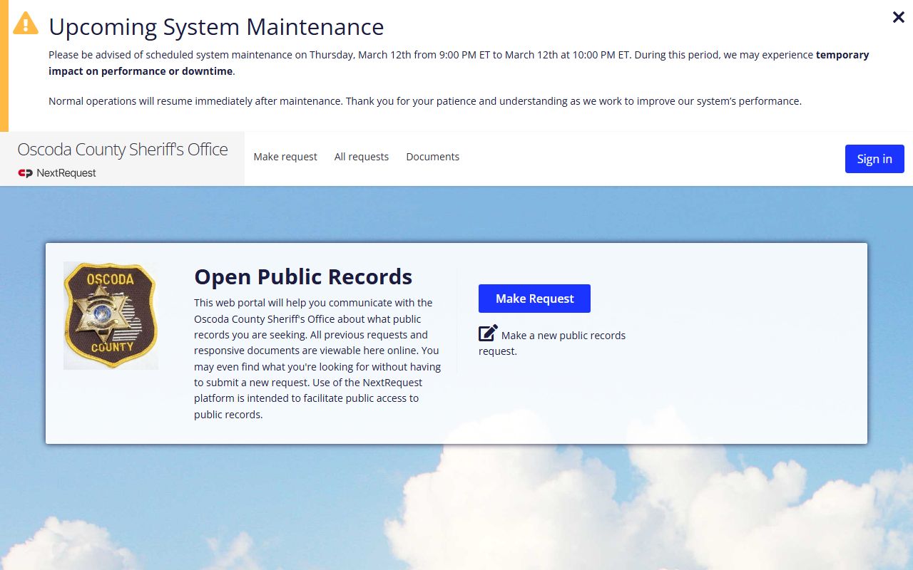 Oscoda County Sheriff NextRequest FOIA portal for submitting police records requests