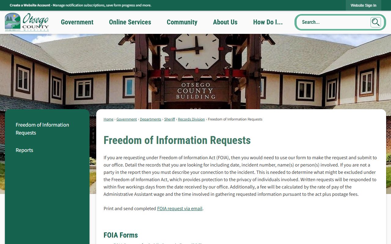 Otsego County Sheriff Records Division page for police and accident report requests