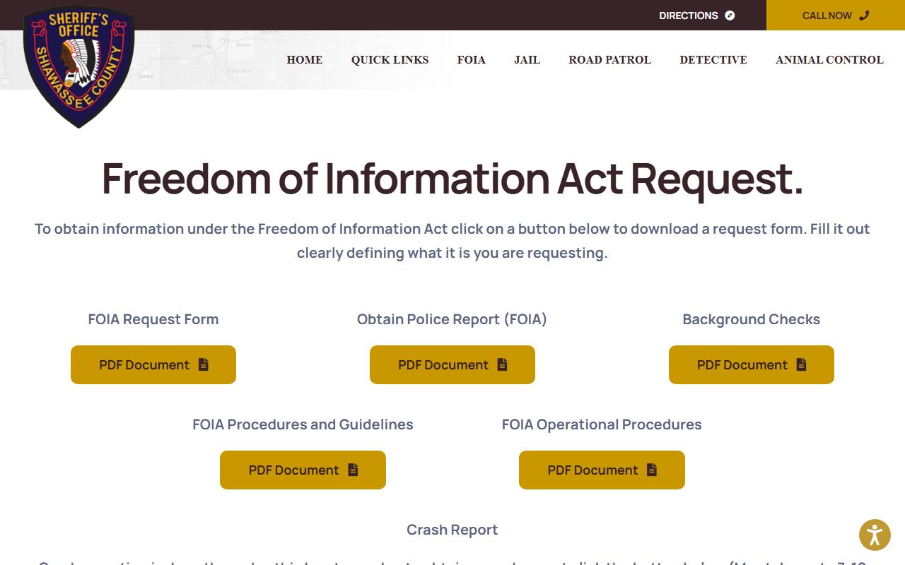 Shiawassee County Sheriff FOIA page for submitting police records requests
