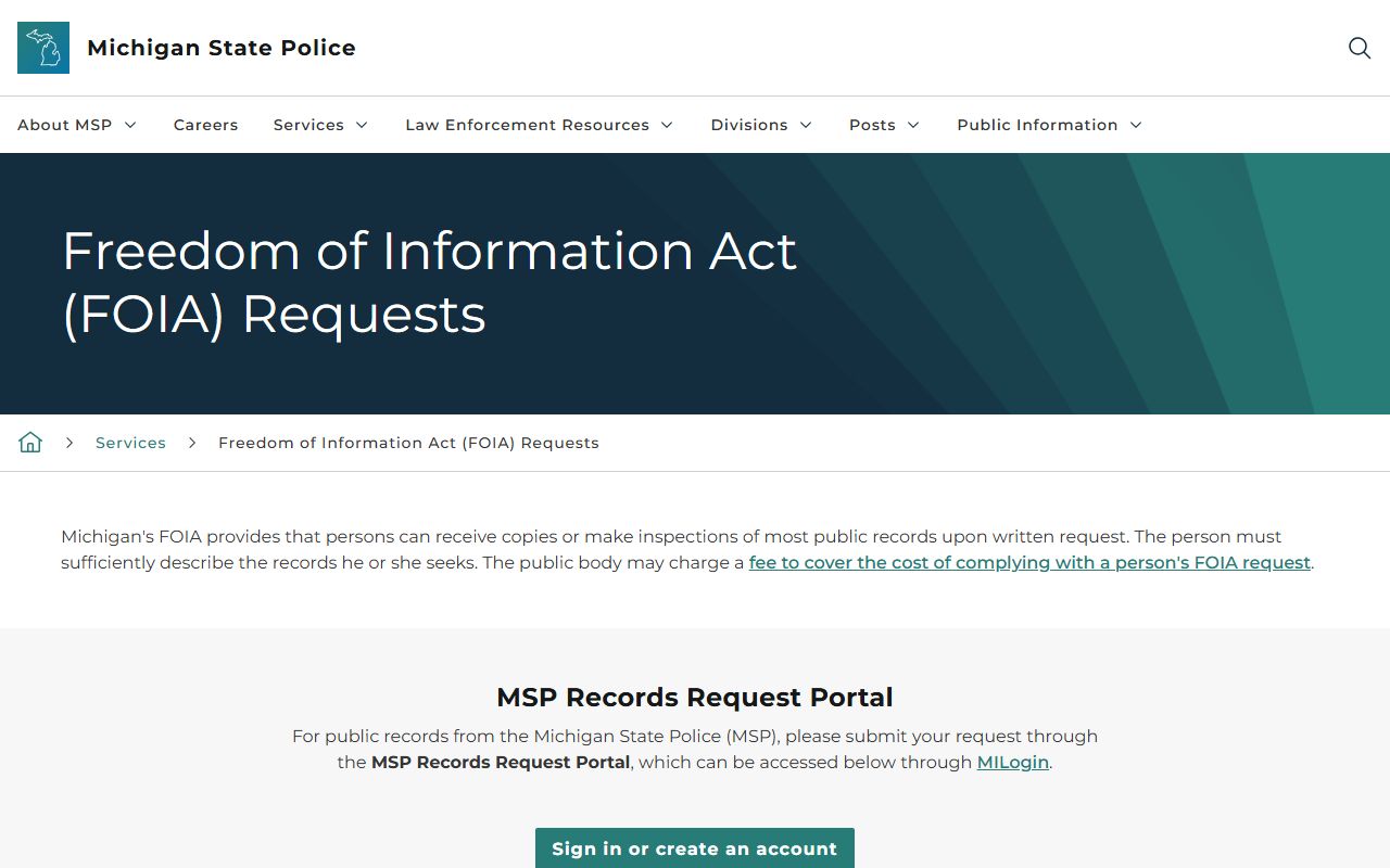 Michigan State Police FOIA page for requesting police records